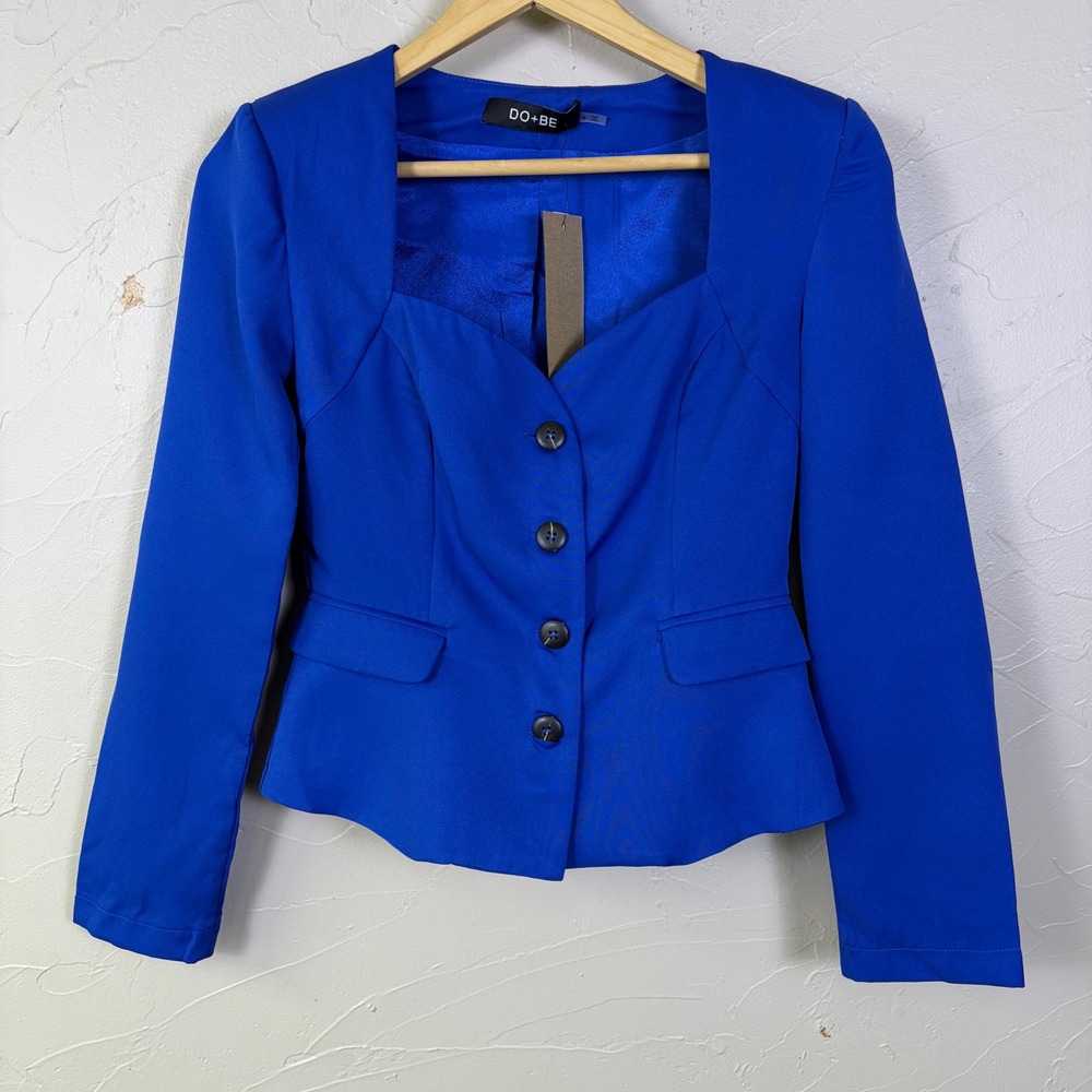 NEW DO+BE Blazer Jacket Womens Size S Royal Blue Sweetheart Peplum Career Chic